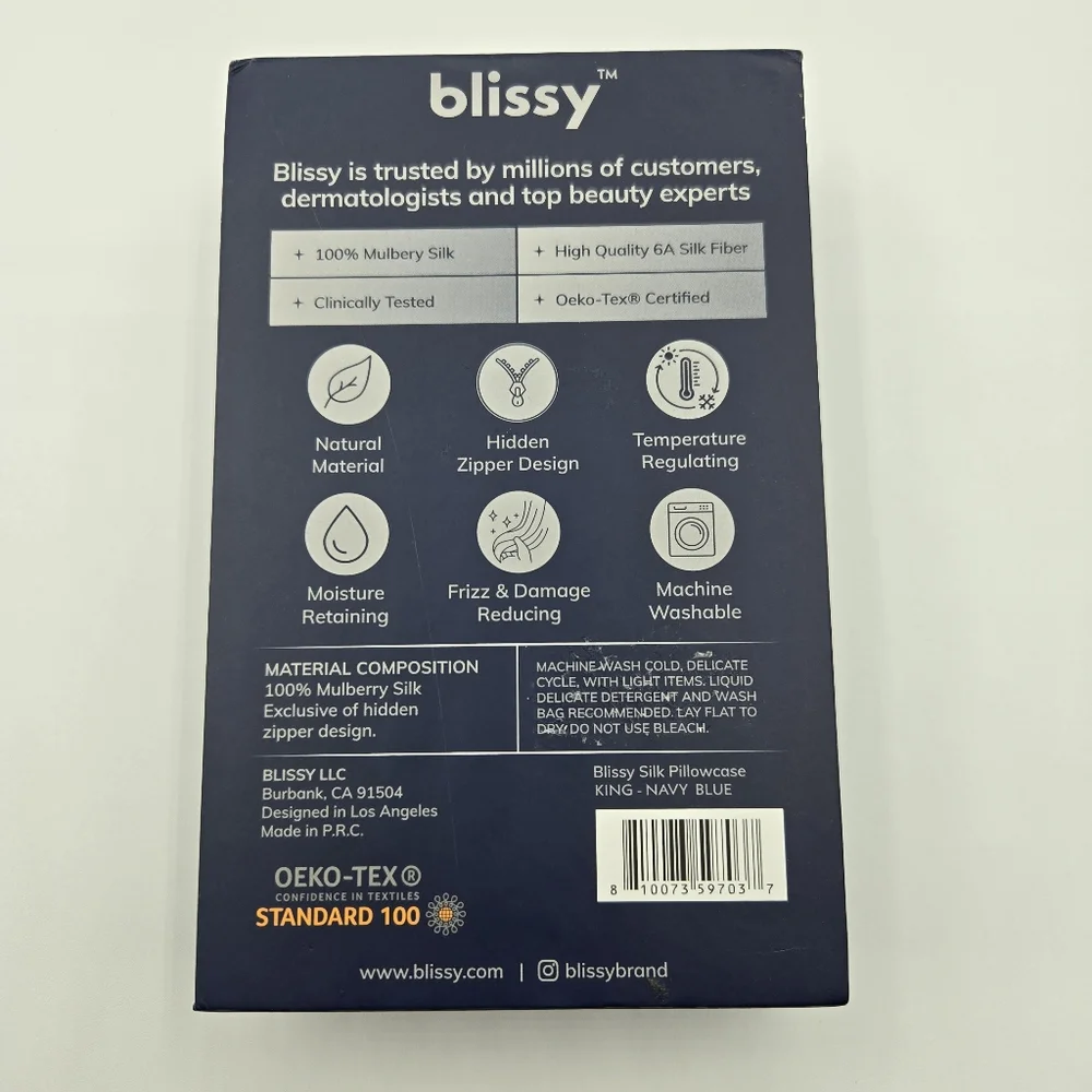 NWT Blissy Mulberry Silk Pillowcase, Navy Blue, Standard/Queen or King Size